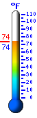 Currently: 74.1°F, Max: 85.6°F, Min: 66.9°F